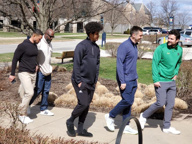 From left Notre Dame head coach Marcus Freeman, Otha Moore, Dante Moore, Tommy Rees and Chad Bowden during a visit to ND earlier this month.