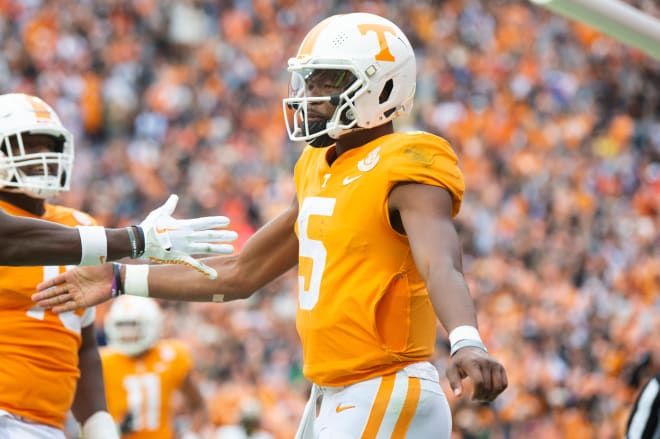 Tennessee quarterback Hendon Hooker celebrates after a first half touchdown against Missouri on Nov. 12, 2022. 