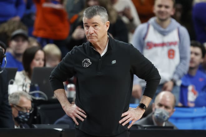 Boise State head coach Leon Rice watches from the bench during the second half of a first round NCAA college basketball tournament game against Memphis, Thursday, March 17, 2022, in Portland, Ore.