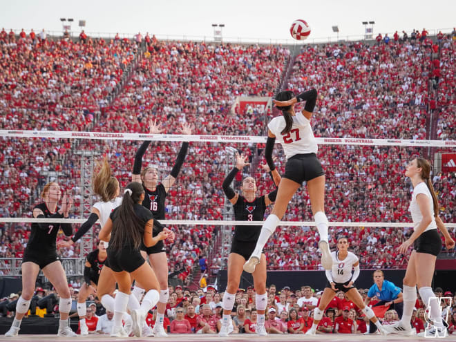 Husker freshman Harper Murray rises for a shot against Omaha during Volleyball Day in Nebraska.