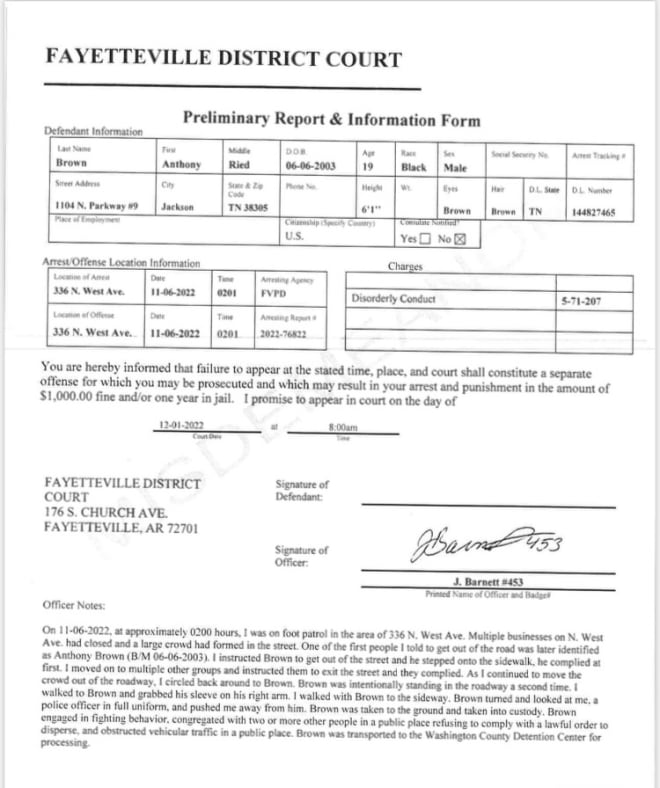 FPD report on Anthony Brown’s arrest, obtained by HawgBeat’s Robert Stewart.