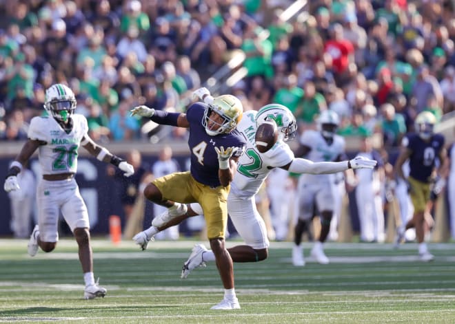 Irish wide receiver Lorenzo Styles can't catch up to a Tyler Buchner overthrow Saturday against Marshall.