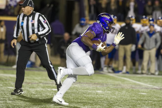 James Madison running back Marcus Marshall carries during the Dukes' 2017 FCS semifinal win over South Dakota State in Harrisonburg.