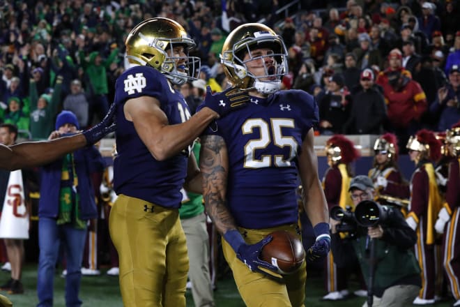 Notre Dame sophomore wide receiver after scoring a touchdown against USC.