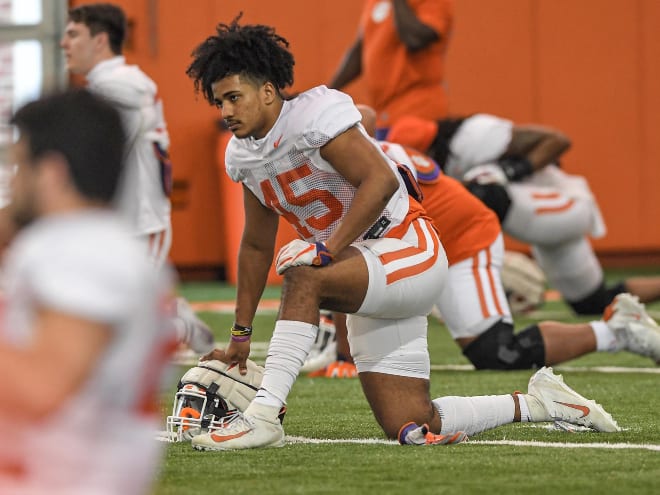 Clemson linebacker Sergio Allen(45) stretches during football practice in Clemson, S.C.