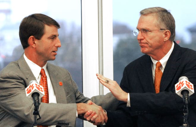 Swinney is shown here in Clemson's West Zone on December 1, 2008 with Phillips moments after being formally introduced as the Tigers' next head coach.