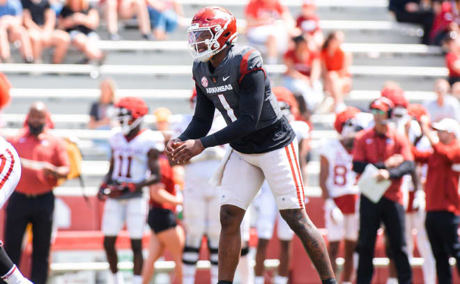 Arkansas quarterback KJ Jefferson leans in for the snap during Arkansas' Red-White scrimmage in April.