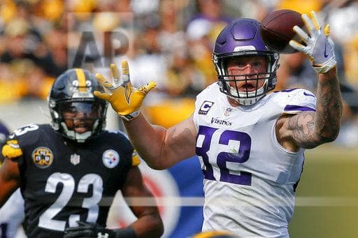 Former Irish tight end Kyle Rudolph caught four passes for 45 yards on Sunday in a 26-9 loss to the Pittsburgh Steelers.