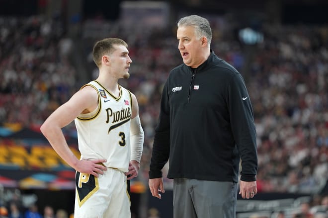 Apr 6, 2024; Glendale, AZ, USA; Purdue Boilermakers guard Braden Smith (3) talks with Purdue Boilermakers head coach Matt Painter during the second half in the semifinals of the men's Final Four of the 2024 NCAA Tournament at State Farm Stadium. Mandatory Credit: Bob Donnan-Imagn Images