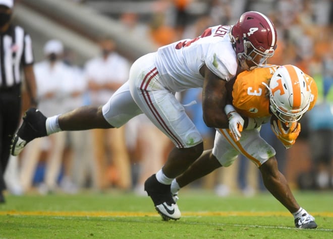 Tennessee running back Eric Gray (3) is tackled by Alabama linebacker Christopher Allen (4) in the fourth quarter in the second half during a game between Alabama and Tennessee at Neyland Stadium in Knoxville, Tenn. Photo | USA Today