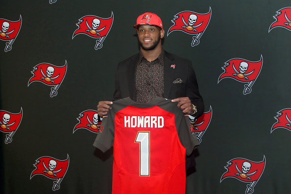 TAMPA, FL - APRIL 28: First round pick O. J. Howard holds up a Buccaneers jersey after the conclusion of the O. J. Howard 1st Round Draft Pick Press Conference on April 28, 2017 at One Buccaneer Place in Tampa, Florida. (Photo by Cliff Welch/Icon Sportswire via Getty Images)