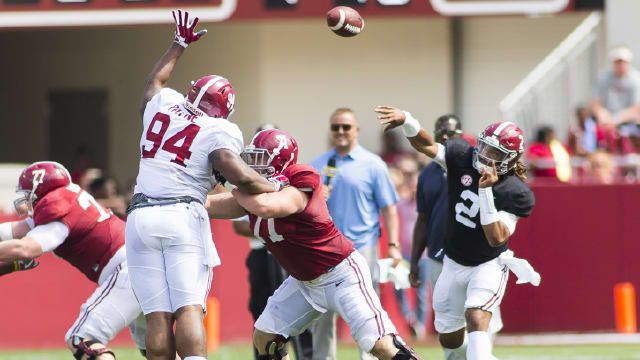 Alabama quarterback Jalen Hurts (2) completed 16 of 25 passes for 301 yards and two touchdowns with an interception during A-Day. Photo | Laura Chramer