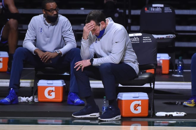 Mike Krzyzewski shows his frustration during Duke's loss to Miami.