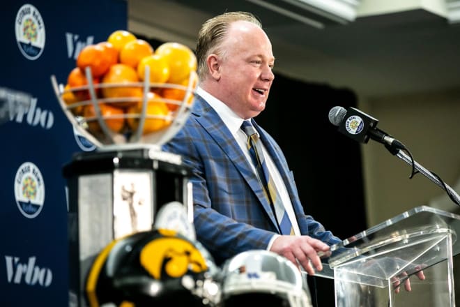 Kentucky head coach Mark Stoops addressed the media during Friday morning's joint press conference with Iowa's Kirk Ferentz.