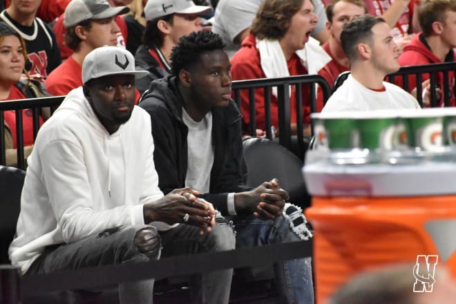 Nebraska hosted 2023 three-star forward Baye Ndongo, right, last weekend. Ndongo attended the game against Purdue with his coach and friend, Karballa Gueye, left. Credit: Steve Marik/Inside Nebraska