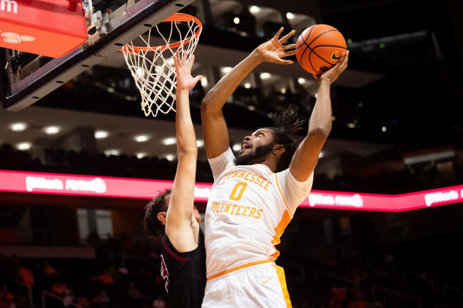 Tennessee forward Jonas Aidoo (0) attempts a shot during a game between Tennessee and Lenoir-Rhyne at Food City Center at Thompson-Boling Arena in Knoxville on Tuesday, Oct. 31, 2023.