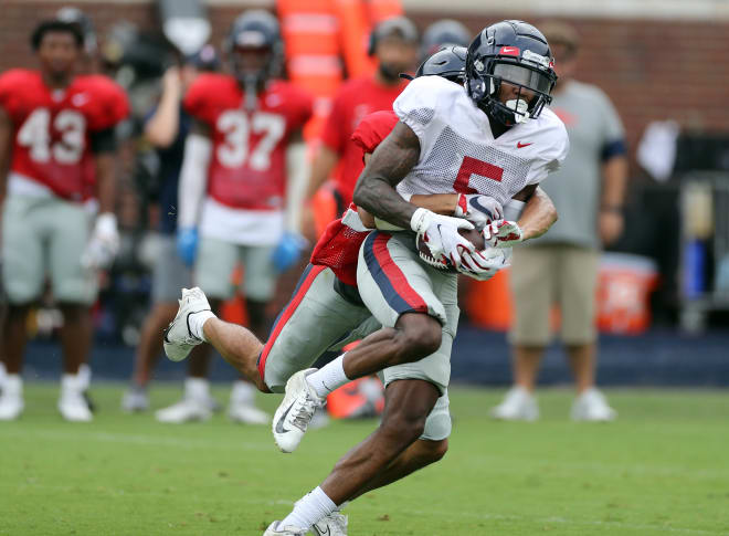 Ole Miss wide receiver Dannis Jackson makes a catch during Sunday's scrimmage in Oxford. 