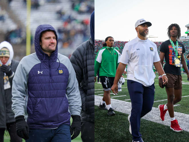 Chad Bowden, left, is now Notre Dame football's assistant athletic director for player personnel. Dre Brown, right, has taken Bowden's previous role as director of recruiting.