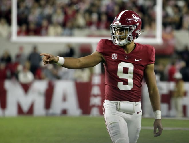 Alabama Crimson Tide quarterback Bryce Young (9) reacts after a touchdown against the LSU Tigers during the first half at Bryant-Denny Stadium. Photo  | Butch Dill-USA TODAY Sports