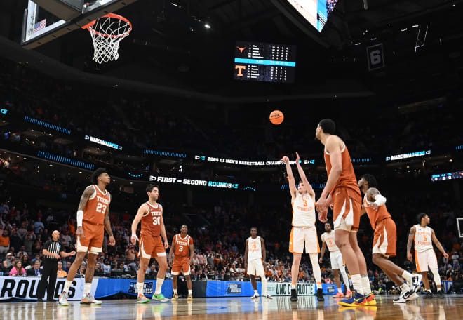 March 23, 2024, Charlotte, NC, USA; Tennessee Volunteers guard Dalton Knecht (3) takes a free throw in the second half against the Texas Longhorns in the second round of the 2024 NCAA Tournament at the Spectrum Center.
