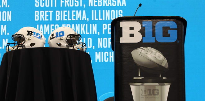The podium setup at Big Ten Media Days in Indianapolis, Ind. Photo by Greg Pickel/BWI Staff