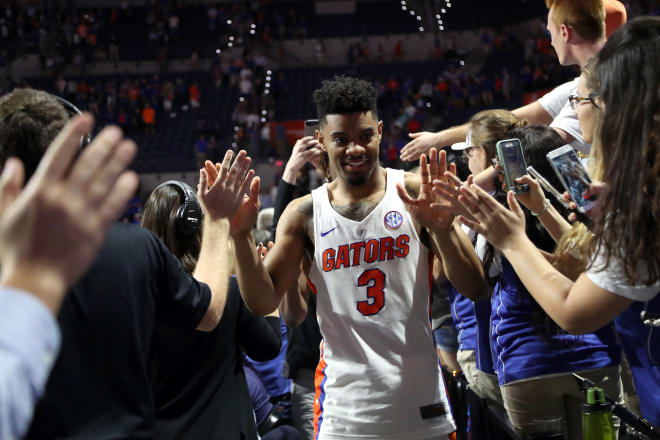 Florida Gators guard Jalen Hudson celebrates after defeating Auburn at Exactech Arena at the Stephen C. O'Connell Center. 