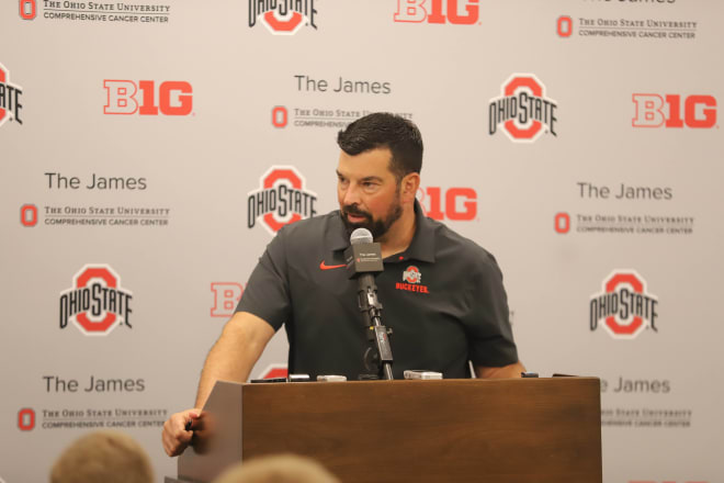 Ohio State coach Ryan Day will meet with the media on Wednesday. (Birm/DTE)
