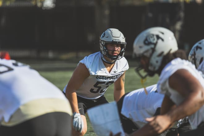 Senior inside linebacker Nate Landman prepares for a snap during practice 