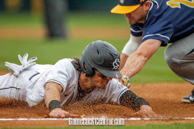 Danny Blair is tagged out at third during Saturday's game.  Blair continued his hot hitting going 2-3 with an RBI.