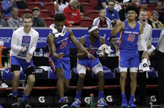 The Boise State bench reacts during the second half of a Mountain West Conference tournament NCAA college basketball game against UNLV Thursday, March 5, 2020, in Las Vegas. Boise State defeated UNLV 67-61.