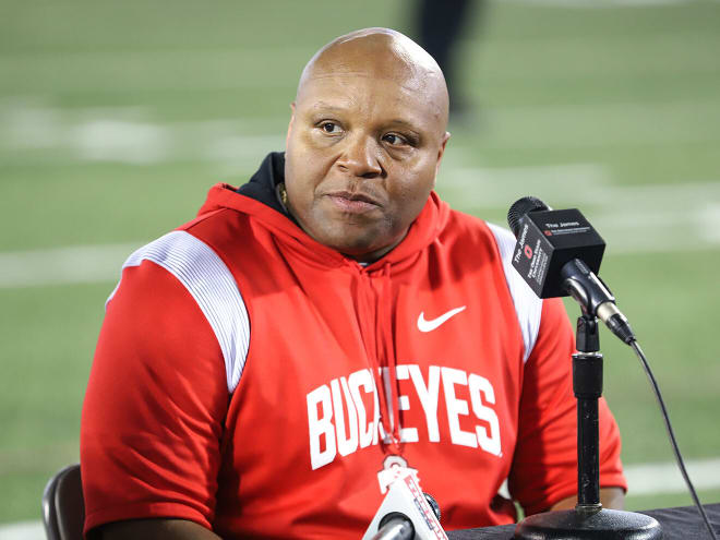 Ohio State safeties coach Perry Eliano has plenty of options in the secondary. (Birm/DTE)