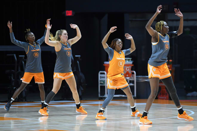 Lady Vols players warm up during a Lady Vols basketball practice in the Food City Center, Thursday, Oct. 5, 2023.
