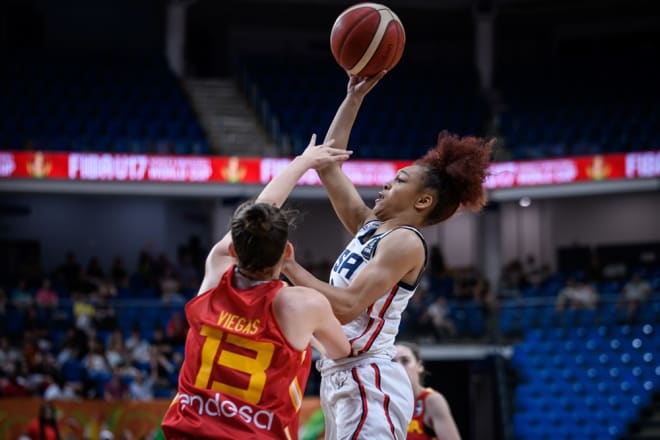 Future Notre Dame point guard Hannah Hidalgo (right) shined for Team USA this summer in Hungary.