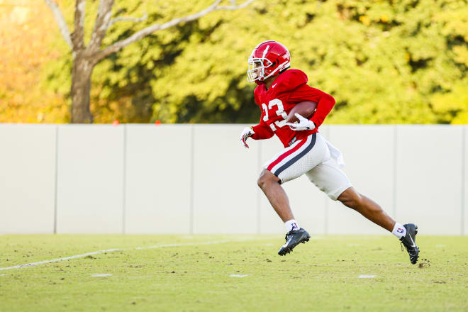 Georgia wide receiver Jaylen Johnson (23) during the Bulldogs’ practice session in Athens, Ga., on Tuesday, Nov. 24, 2020. (Photo by Tony Walsh/UGA Sports Communications)