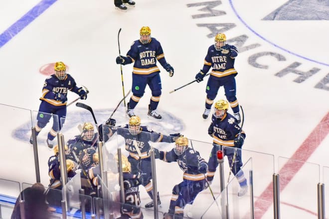 The Irish celebrate Cam Morrison's game winner in overtime versus Clarkson to advance to the Manchester Regional final today.