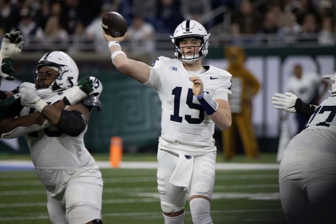 Penn State Nittany Lions quarterback Drew Allar (15) passes the ball against the Michigan State Spartans during the second half at Ford Field. Mandatory Credit: David Reginek-USA TODAY Sports