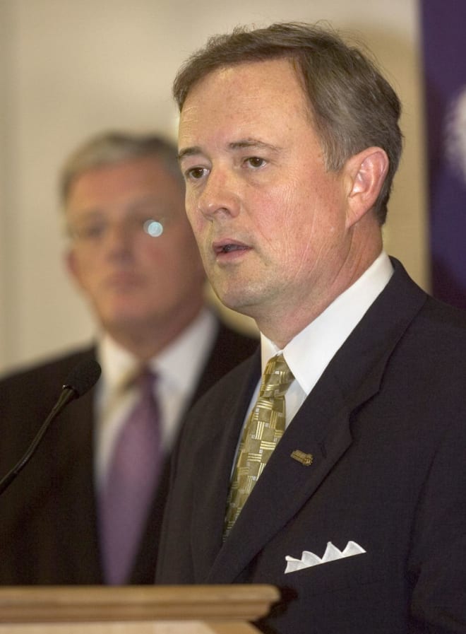 James Madison athlteic director Jeff Bourne speaks during a 2006 news conference.
