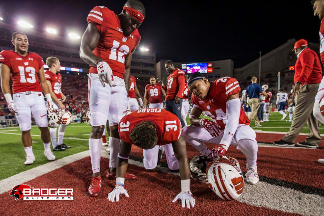 Badgers players celebrate after beating Utah State, 59-10, Friday evening. 