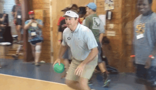 Kirby Smart plays a game of dodgeball with Camp Sunshine campers in 2016. 