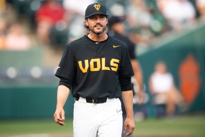 Tennessee head coach Tony Vitello during a NCAA baseball regional game between Tennessee and Charlotte held at Doug Kingsmore Stadium in Clemson, S.C., on Sunday, June 4, 2023.