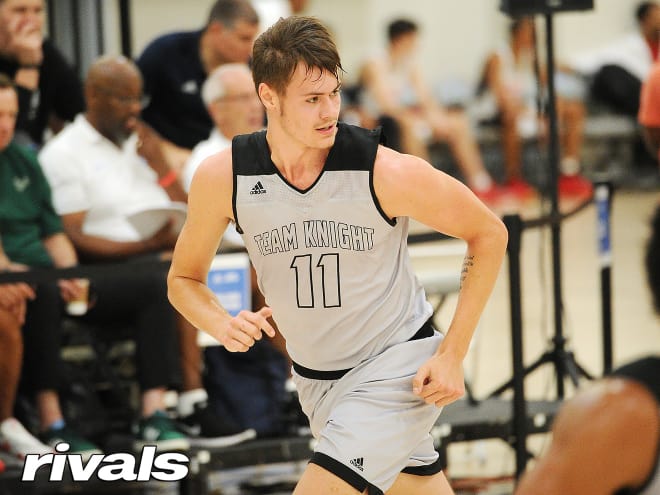 Luke Anderson runs the floor in transition for Team Knight in an Adidas Gauntlet game in 2018 