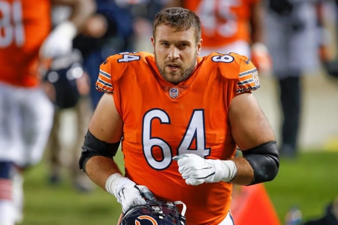 Former Notre Dame offensive linemen Alex Bars has started five games for the Chicago Bears this fall.