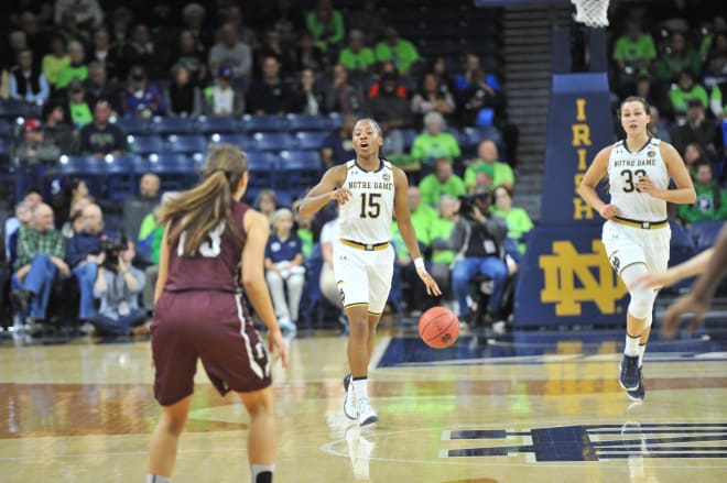 Lindsay Allen (15) led the Irish in scoring (13) and assists (5), while Kathryn Westbeld (33) paced them in rebounds (11)