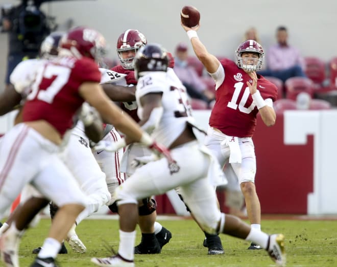 Alabama quarterback Mac Jones (10) throws a pass against Texas A&M at Bryant-Denny Stadium. Alabama defeated A&M 52-24. Photo | Imagn