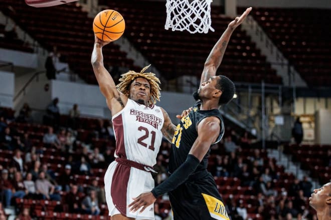 STARKVILLE, MS - November 13, 2022 - Mississippi State Guard Martavious Russell (#21) during the game between the Arkansas-Pine Bluff Golden Lions and the Mississippi State Bulldogs at Humphrey Coliseum.