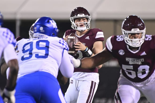 Oct 30, 2021; Starkville, Mississippi, USA; Mississippi State Bulldogs quarterback Will Rogers (2) looks to make a pass against the Kentucky Wildcats during the first quarter at Davis Wade Stadium at Scott Field.