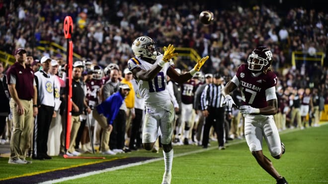 In last year's regular-season finale in Tiger Stadium, LSU wide receiver Jaray Jenkins (10) caught this 28-yard game-winning touchdown pass with 20 seconds left to give the Tigers a 27-24 win over Texas A&M.