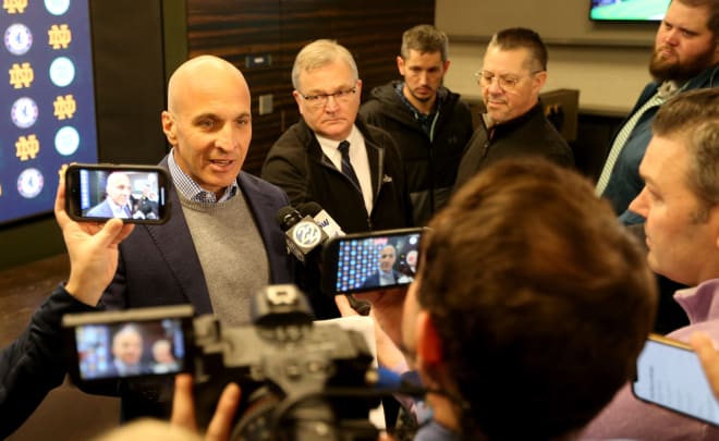 Notre Dame athletic director Pete Bevacqua meets the media recently to talk about the school hosting an elite international soccer matchup in July at Notre Dame Stadium.