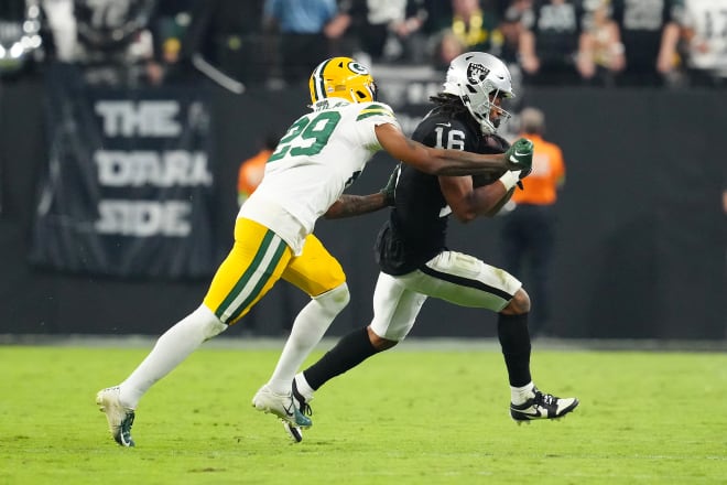 Former NC State wide receiver Jakobi Meyers of the Raiders had seven catches for 75 yards and a touchdown in a 17-13 home win against the Green Bay Packers.