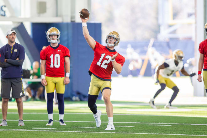 Notre Dame fifth-year senior quarterback Ian Book at practice